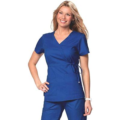 China Medical Uniform Mock-Wrap Neckline Scrub Top With Front-Tie Adjustable Waist And Cargo Scrub Panty For Women for sale