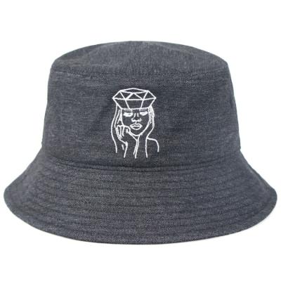 China Dark Gray Unisex Demin Flat Embroidery Character Bucket Hat for sale