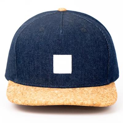 China Cork Brim Denim 5 COMMON Flat Panel Woven Label Snapback Cap Hat for sale