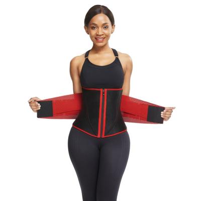 China Logo Zipper Front Compression Workout Custom Red And Black Antibacterial Lose Weight Tummy Control Strap Closure Women Neoprene Waist Trainer for sale