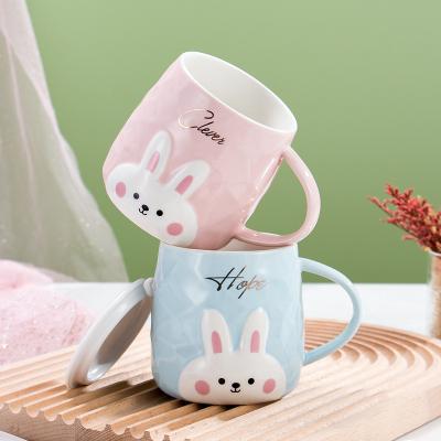 China Lifelike Cute Gift Embossed Rabbit Rabbit Mug Water Cup Ceramic Cup Children's Ceramic Mug With Lid Spoon for sale