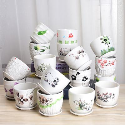 China Modern ceramic flower pot with tray simple flower plant stand meat succulent pot can be customized LOGO for sale