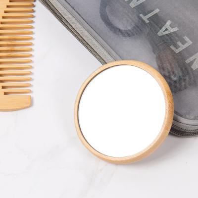 China Magnifying Hand Mirror Round Portable Wooden Frame Mirror Bamboo Small Pocket Mirrors for sale