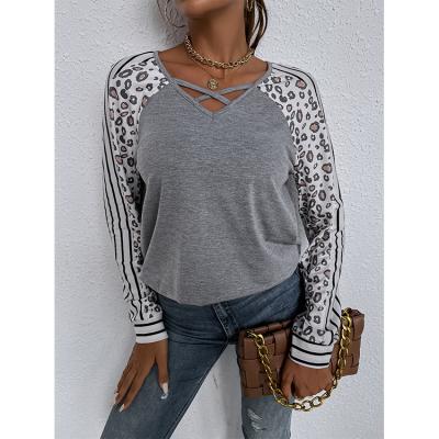 China Latest Breathable Designs Women Long Sleeve Leopard Color Round Neck Blouse Tops for sale