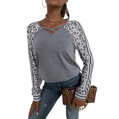 China New Design Fashion Breathable Criss-Cross V-Neck Leopard Sleeve Womens Wholesale Breathable Blouse for sale