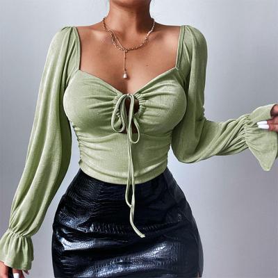 China Hot Sale Breathable Spring Women V Collar Bandage Ruched Puff Sleeve Chiffon Blouse Crop Tops Long for sale