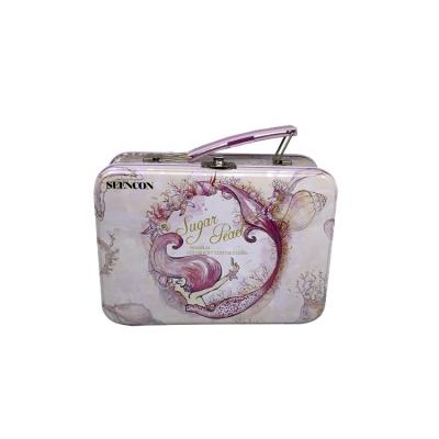 China Recycled Materials Customized Printing Tinplate Square Lunch Box With Buckle Exquisite Metal Lock Tin Box With Handle Packaging Carrying Box Can for sale