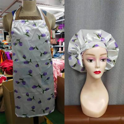 China Handmade Polyester 210D Waterproof Cooking Apron Bath Shower Printed Flannel Caps for sale