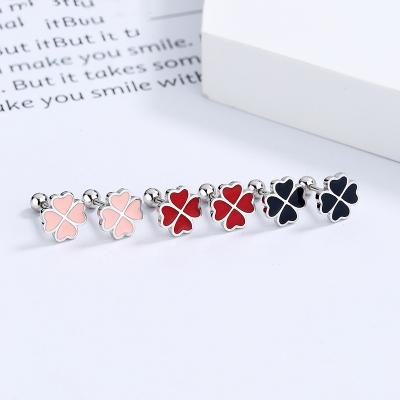 China Amazon Hot Sale 925 Sterling Silver Painting Four Leaf Clover Stud Earrings Casual/Sporty Fashion Piercing Jewelry for sale