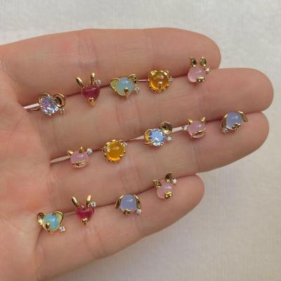 China Aliexpress Hot Selling Cute Cute Zircon Stainless Steel Stud Animal Colorful Stud Earrings Shape Perforated Jewelry for sale