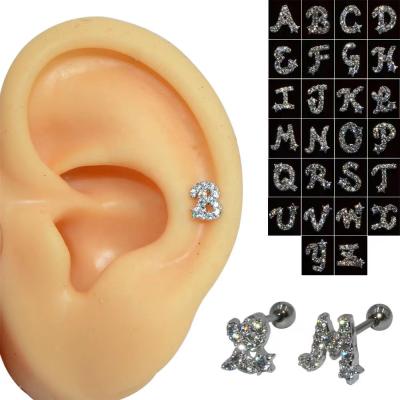 China New Fashion English Alphabet Series 26 Letters Plated Zircon 304 Stainless Steel Stud Earrings Shape Perforated Jewelry for sale