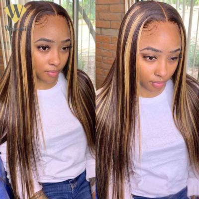 中国 Silky Straight Wave Customized Texture Long 40 Inches Honey Brown Highlight Color Cuticle Aligned Hair HD Lace Front Wigs 販売のため