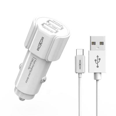 China Universal Car Fast Charger 2 Charger Dual USB MOXOM Brand 2.4A Cheap White Car Charger With Micro Ignition Type C Cable for sale