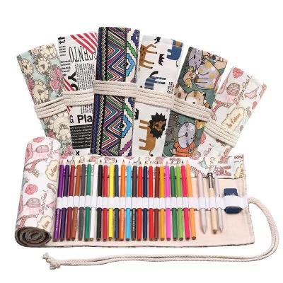 China 48 Holes Envelope Canvas Pencil Pen Bag Colorful Painting Handmade Roll Up Pencil Case Brush Bag for sale