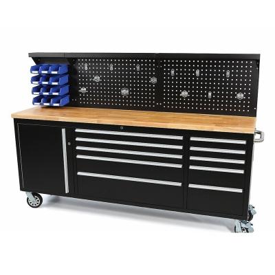 China Heavy Duty 84 Inch Garage Storage Tool Box Rolling Cabinet With Lock And Wood Worktop TR84 for sale