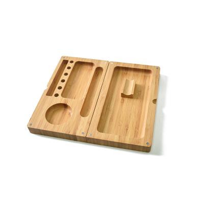 China Herb Smoking Cigarette Stencil Wooden Bamboo Magnet Rolling Foldable Tray Tray with Built-in Ashtray Smoke Pocket for sale