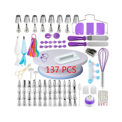 China Sustainable Set of 137Pcs Cake Decorating Supplies Cake Kit For Beginners Baking Pastry Tool With Turntable Stand-55 Numbered Icing Tips for sale