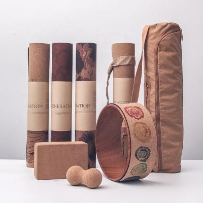 China Non-slip Custom Printed Color Eco-friendly Natural Rubber Thickened Fine-grained Cork Yoga Mat Set Premium Yoga Mat Plu Bring a Bags Logo for sale