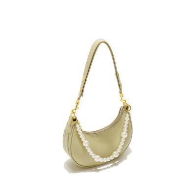 China PORTABLE 2023 Young Girl Women PU Armpit Shoulder Bag Clutch Custom Logo Half Moon Soft Leather Armpit Bags Emboss With Pearl Strap for sale