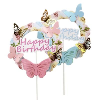 China Hot Sales New Style Celebration Butterfly Garland Cake Decoration Insert Card Happy Birthday Cake Toppers Party Supplies for sale