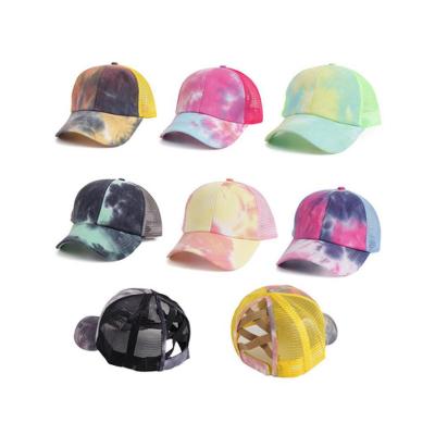 China breathable & European Style Multicolor Women Waterproof Criss Cross Ponytail Sunscreen Baseball Cap Tie Dye Adjustable Trucker Mesh Hat for sale