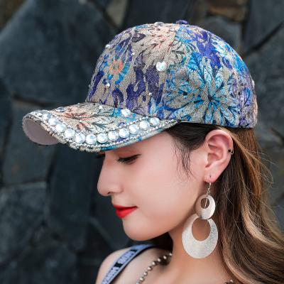 China breathable & Waterproof Shiny Snapback Hat Lace Glitter Pearl Rhinestone Colorful Sports Cover Reflective Rainbow Cat Eye Diamond Baseball Caps for sale