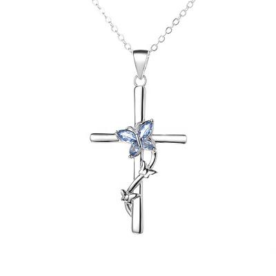 China New Lead Free Nickel Free Rhodium Plated 925 Silver Zircon Crucifix Christian Jesus Link Chain Blue Butterfly 5A Cross Pendant Necklace For Unisex for sale