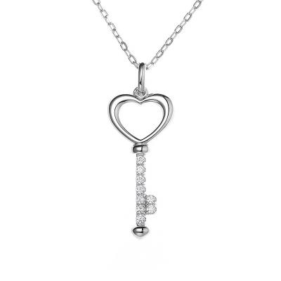 China Best Fashionable Environmental Friendly Jewelry Fine Rhodium Plated Key Shape 925 Sterling Silver Moissanite Diamond Pendant Necklace Women Couple for sale