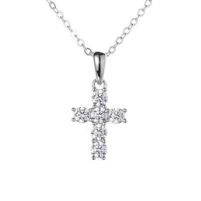 China Genuine Lead Free Nickel Free Rhodium Plated 925 Pure Sterling Silver Christian Jesus Link Moissanite Chains Diamond Cross Pendant Necklace for sale