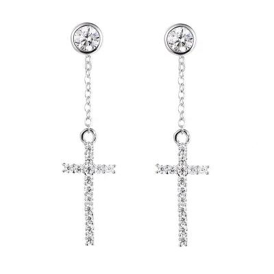 China Environmental Friendly Genuine Moissanite Religious Crucifix Silver Christian S925 Tassel Cross Drop Earrings For Western Women Girls Unisex for sale