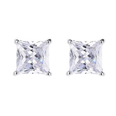 China New Fashionable Environmental Friendly Fine Jewelry Rhodium Plated 925 Sterling Silver Square Princess Cut Moissanite Stud Earrings For Women Men for sale