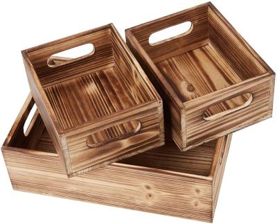 China Europe Wooden Crate Brown Stackable Decorative Packaging Box For Storage Display Basket With Cutout Handles for sale