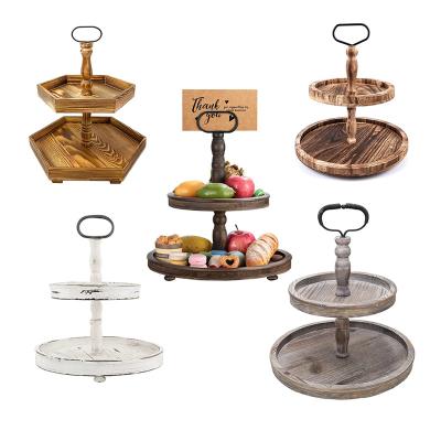 China 2 Tier Rustic Decorative Wooden Serving Tray Cake Stand for Kitchen and Seasonal Decor for sale