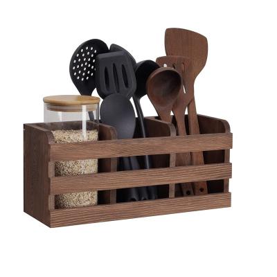 China China Farmhouse Wooden Box For Wall Mounted Kitchen Cooking Wooden Utensil Holder Organizer With 3 Compartments for sale