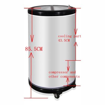 China Commerical Single-Temperature Can Shape Cooler Refrigerator Round Barrel Beverage Cooler With Wheels for sale