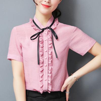 China Clearance Anti-Shrink Cotton And Canvas Ladies' Shirts Decorated Short Sleeve Summer Breathable Shirts In Wood Ears for sale