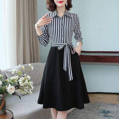 China Fashion anti-static women's casual dress in spring and autumn, long slim women's stripe swing sexy swing sleeve dress shirt skirt large for sale