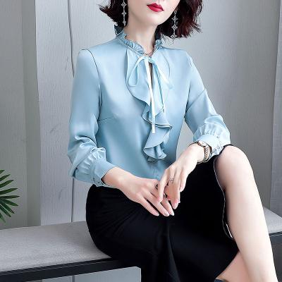 China Anti-pilling women's satin chiffon shirt, European and American fashion clothing, casual bow long-sleeved tops in spring and autumn for sale