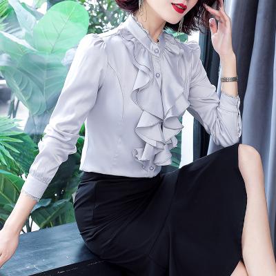 China Chiffon solid color professional anti-pilling wear thin ruffled women's long sleeve tops wholesale clothing lace shirt women's jumpsuits for sale