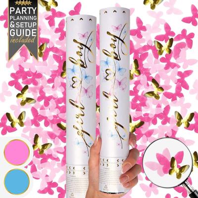 China Gender Reveal Confetti Cannon Butterfly Shape Pink 2 Pack Gender Reveal Boy Girl Poppers for sale