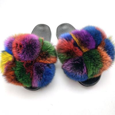 China CUSHIONING New Design Large Raccoon Fur Ball Indoor Fur Slippers Cute Fluffy Pompom Women Real Fox Fur Ball Slippers For Women for sale