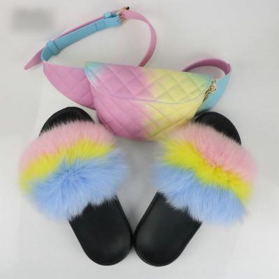 China Fashion Trend Shoulder Belt High Quality Eco-friendly Bag With Fox Fur Slippers Set Women's Sandals for sale