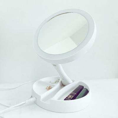 China Lighted Compact LED Light Desktop Folding Double Sided 10X Magnifying Makeup Mirror With Battery Or USB Connection for sale