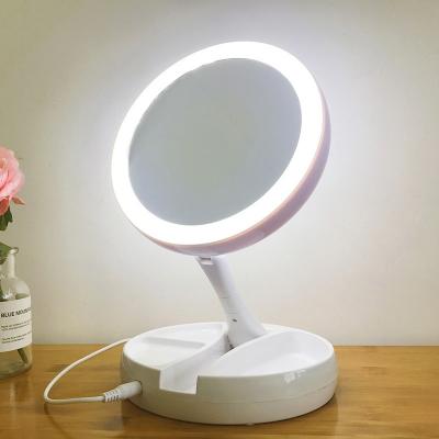 China Desk Adjustable Mirror Lighted 10X Bilateral Foldable White Magnifying 21 LED Lights Makeup Mirror with Battery and USB Wire for sale