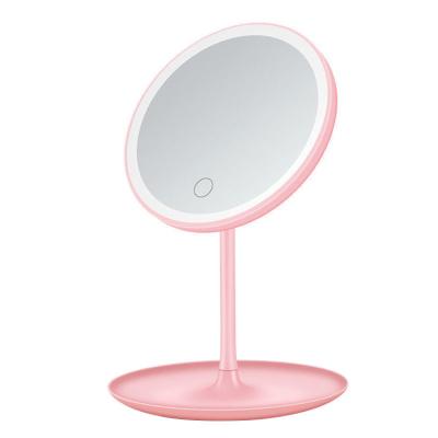 China Lighted Adjustable Brightness LED Desk Mirror Round Shaped Single Sided Cosmetic Mirror With Storage Base for sale