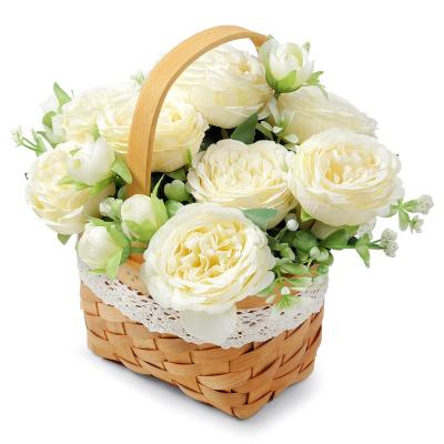 China Viable factory direct sale with handle woven log ribbon lace home decoration wood scrap flower basket for sale