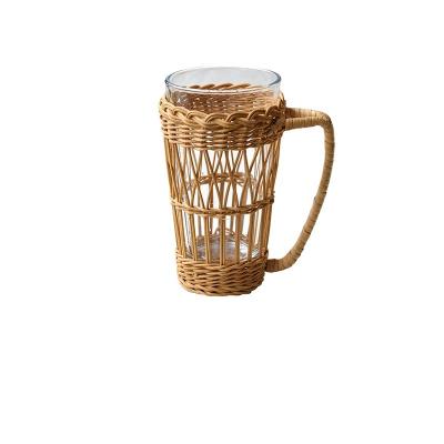 China Sustainable Plant Plankton Wrapped Natural Woven Rattan Weave Sleeve Protective Cover Insulation Cup Set for sale