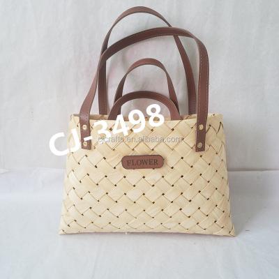 China CJ-3498woodchip wooden bag with hand made leather.woodchip basket. for sale