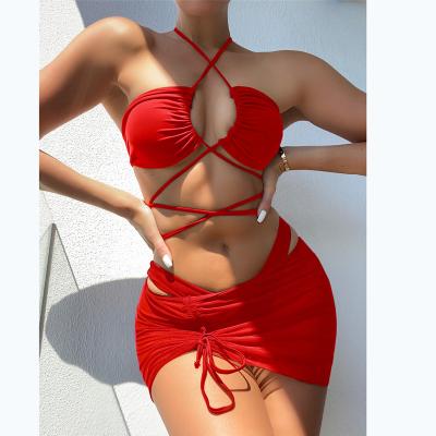 China Plus size sexy swimsuit in the European and American solid color three-piece bikini wholesale A slit swimsuit for sale