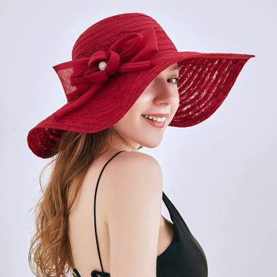 China Large lace party/wedding/brim women church/running and tourism 2021 sun hat foldable sun hat fashion anti ultraviolet floppy beach hat for sale